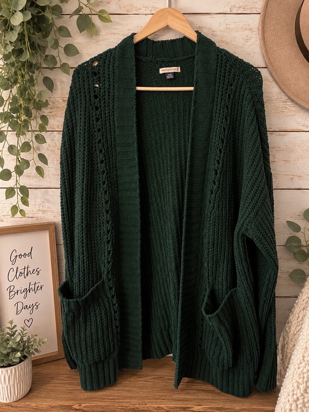 American Eagle Outfitters Dark Green Open-Front Knit Cardigan
